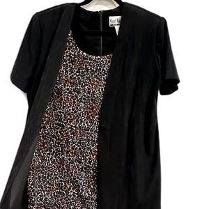 SHERI MARTIN | Vintage Black & Leopard Short Sleeve Dress w/ Overlay | Size 14